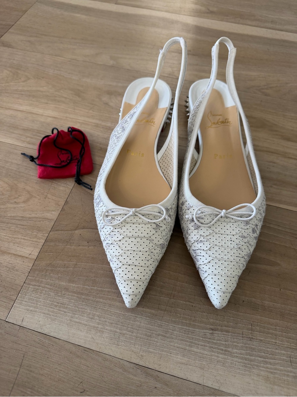 Christian Louboutin White Perforated Pointed Slingback Flats